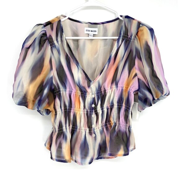 Steve Madden Peplum Top Watercolor Puff Sleeve Fairy Whimsy Romantic Size‎ Large - Picture 1 of 8